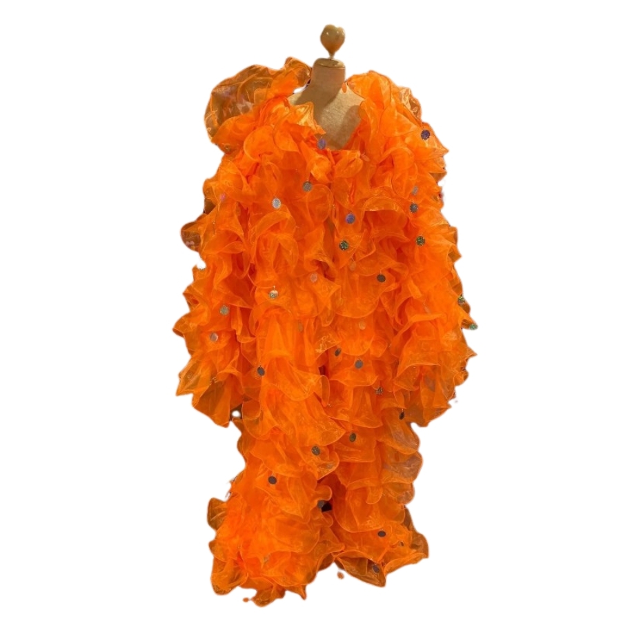 Orange Crystal Organza Ruffle Jacket with Penny Sequins