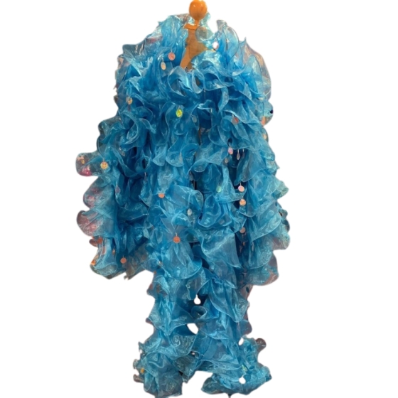 Aqua Blue Crystal Organza Ruffle Jacket with Penny Sequins