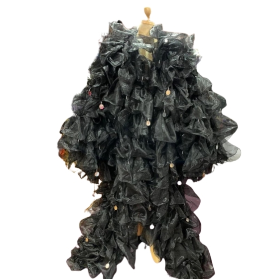 Black Crystal Organza Ruffle Jacket with Penny Sequins