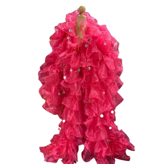 Hot Pink Crystal Organza Ruffle Jacket with Penny Sequins