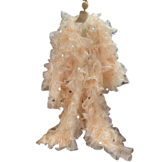 Nude Champagne Crystal Organza Ruffle Jacket with Penny Sequins