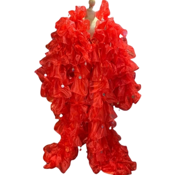 Red Crystal Organza Ruffle Jacket with Penny Sequins