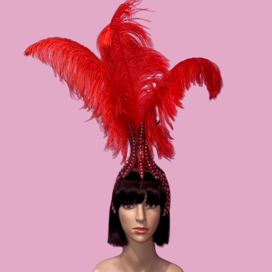 Red Vegas Showgirl Base Headpiece with Feathers