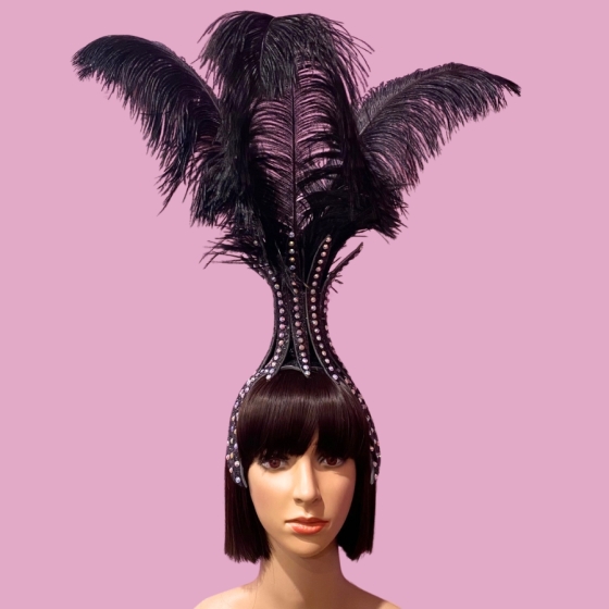 Black Vegas Showgirl Base Headpiece with Feathers