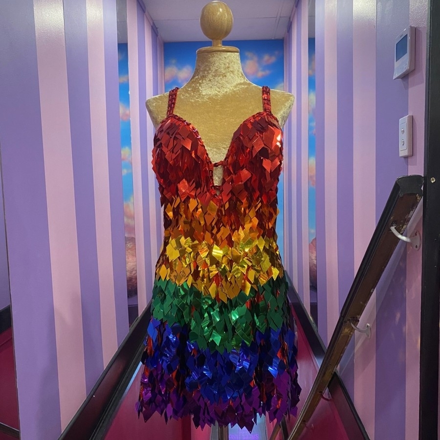 Rainbow High Back Diamond Cut Sequin Dress