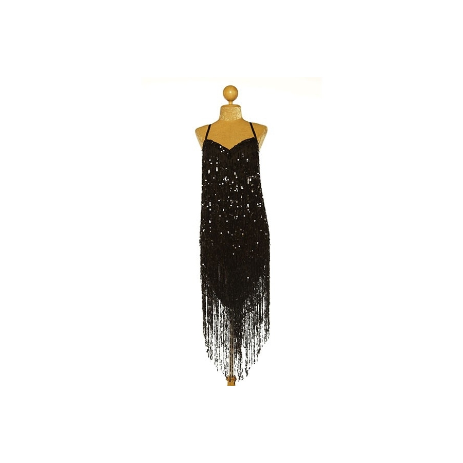 Black Sequin Fringe V-Hem Dress