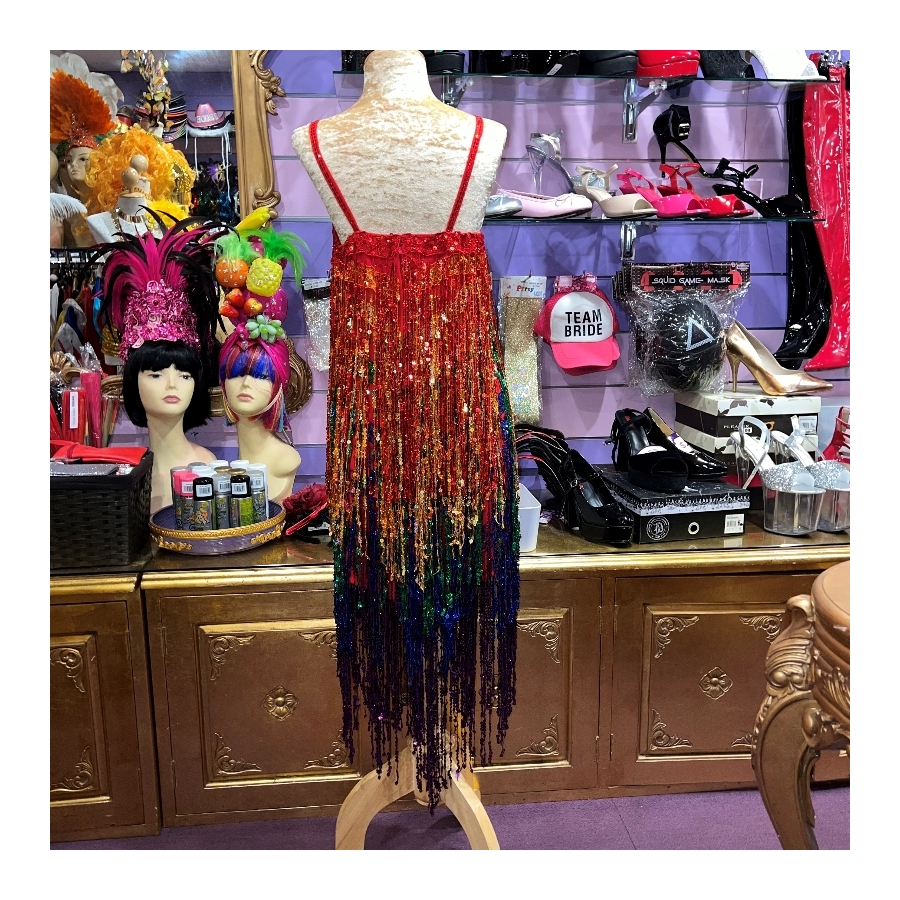 Rainbow Sequin Fringe V-Hem Dress