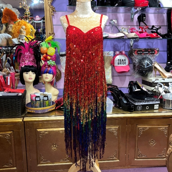 Rainbow Sequin Fringe V-Hem Dress