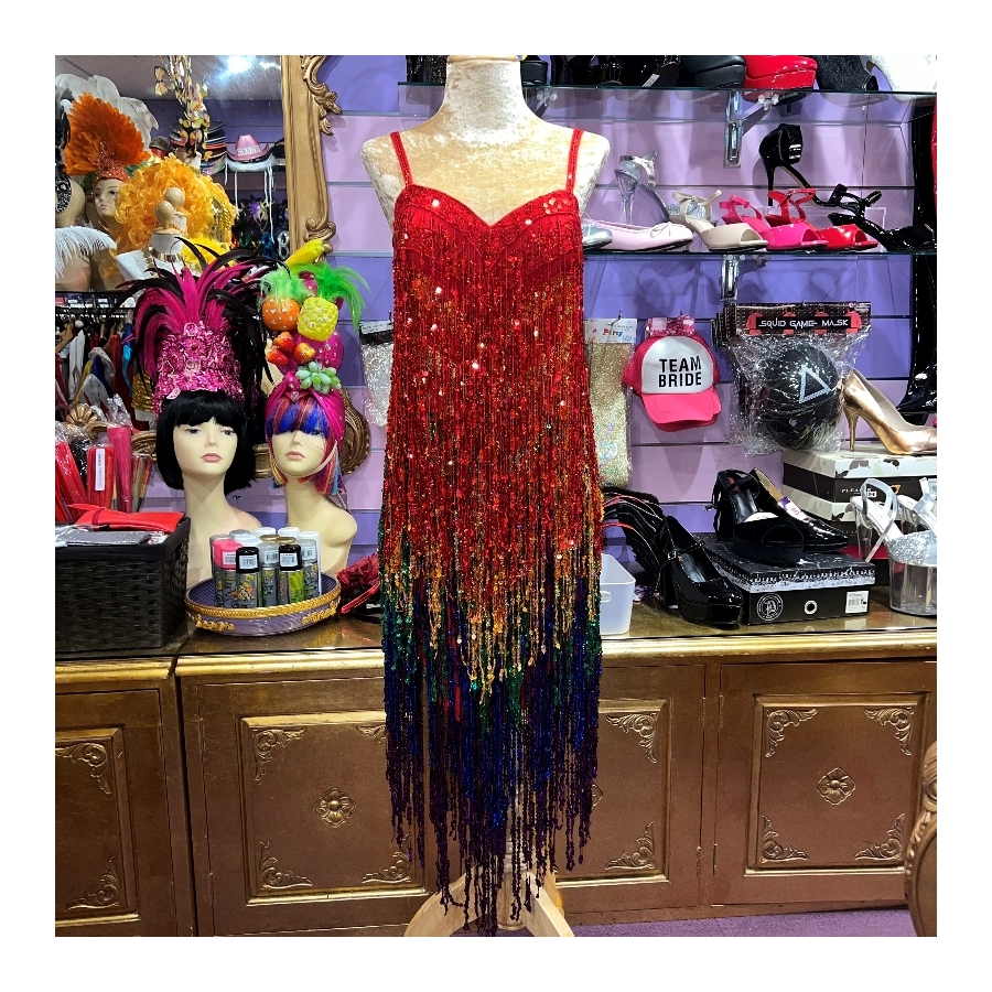 Rainbow Sequin Fringe V-Hem Dress