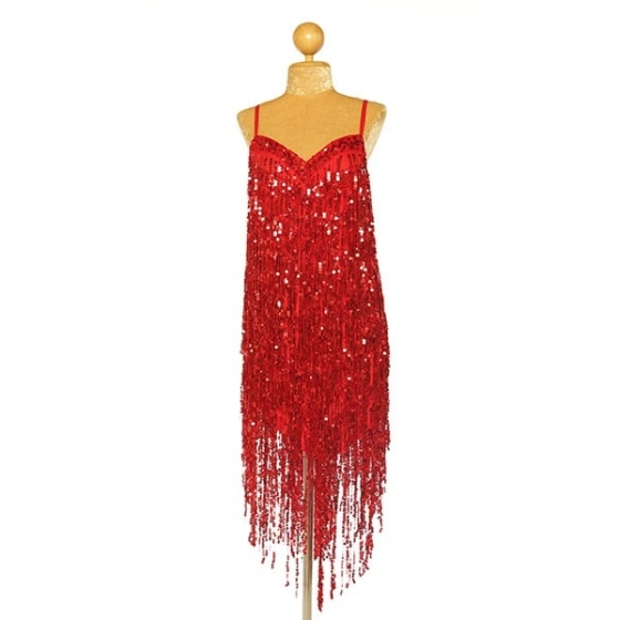 Red Sequin Fringe V-Hem Dress