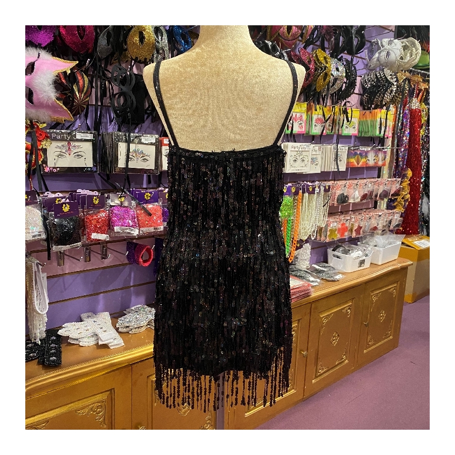 Black Sequin Fringe Straight Hem Dress