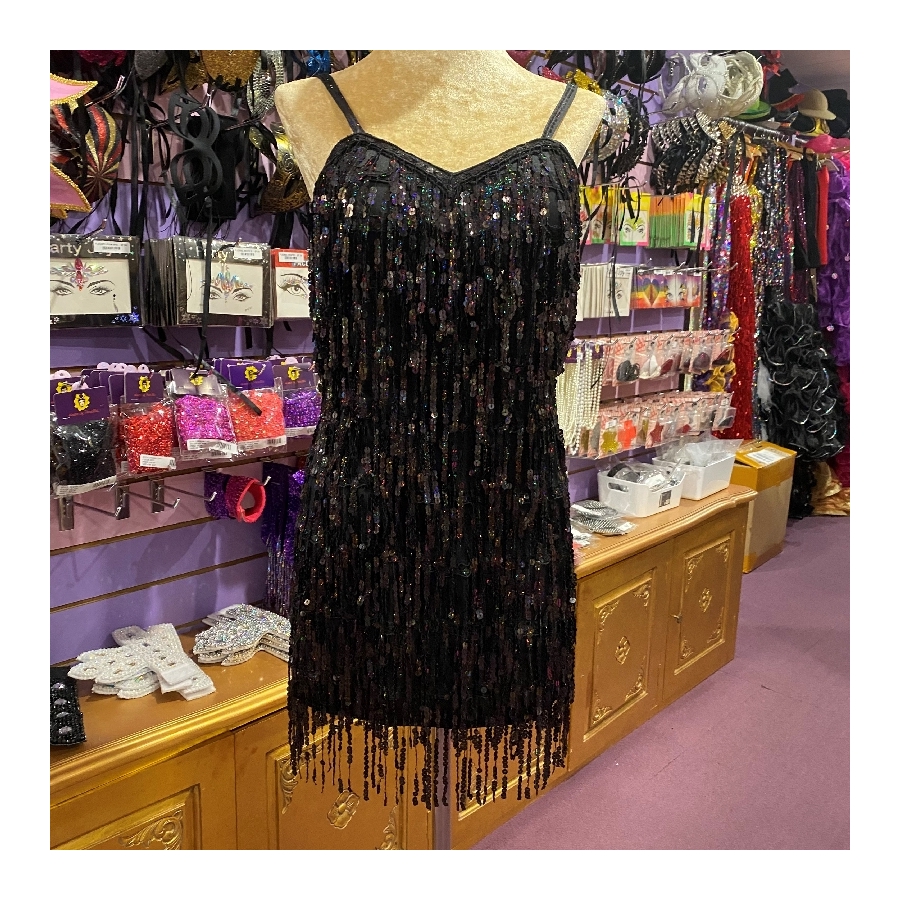 Black Sequin Fringe Straight Hem Dress