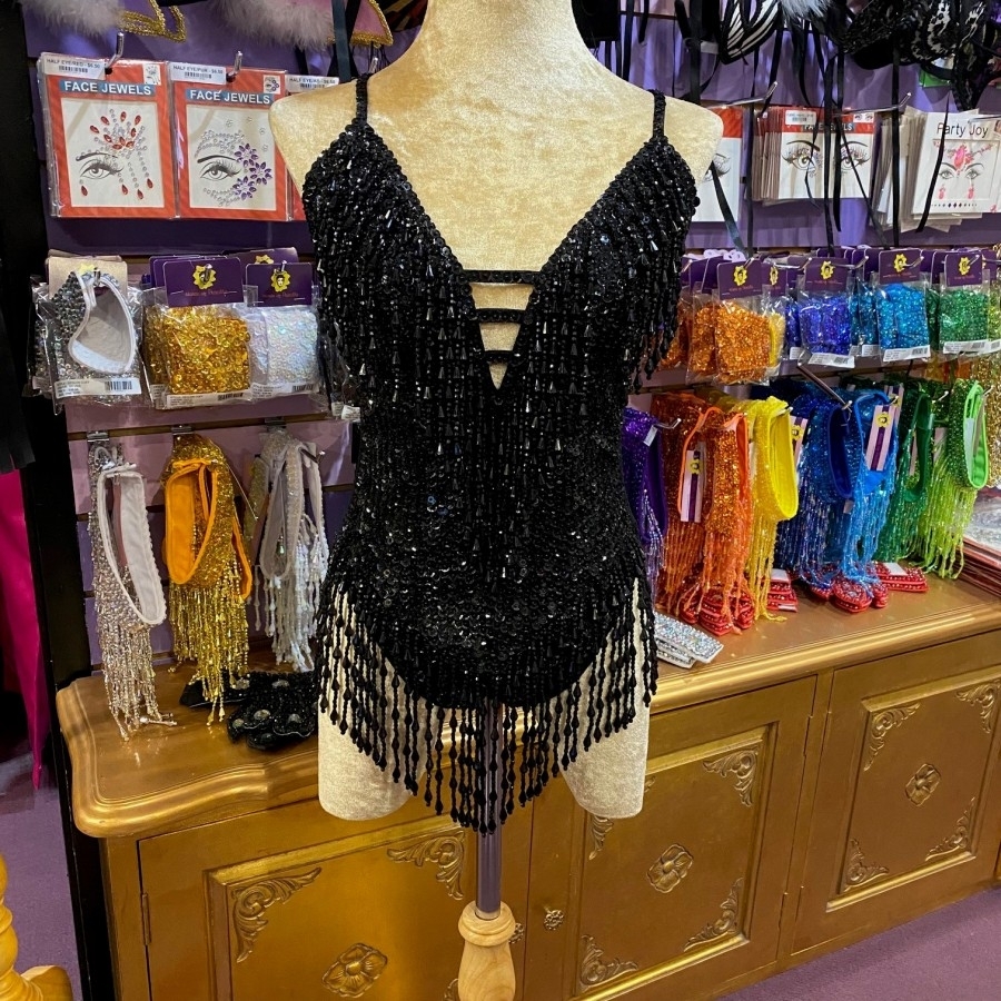 Black Showgirl Sequin Bodysuit with Beaded Fringe