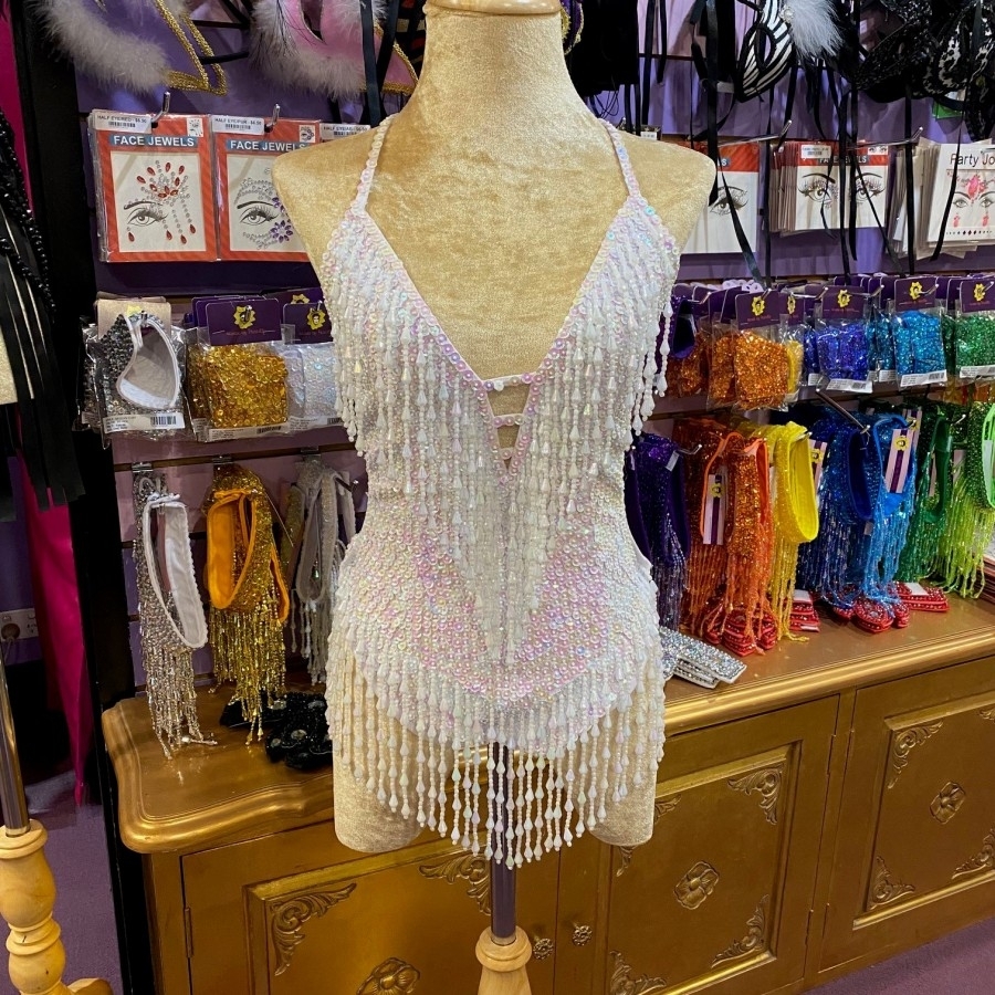 White Showgirl Sequin Bodysuit with Beaded Fringe