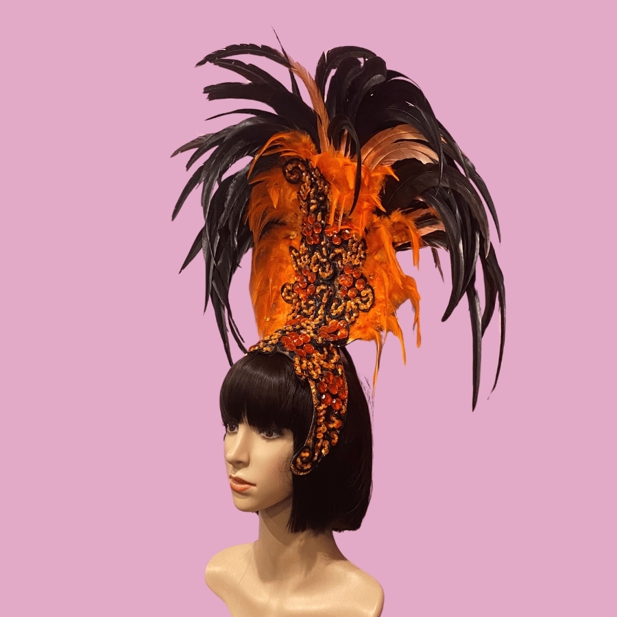 Orange Majestic Feathered Headpiece with Aurora Borealis Stones