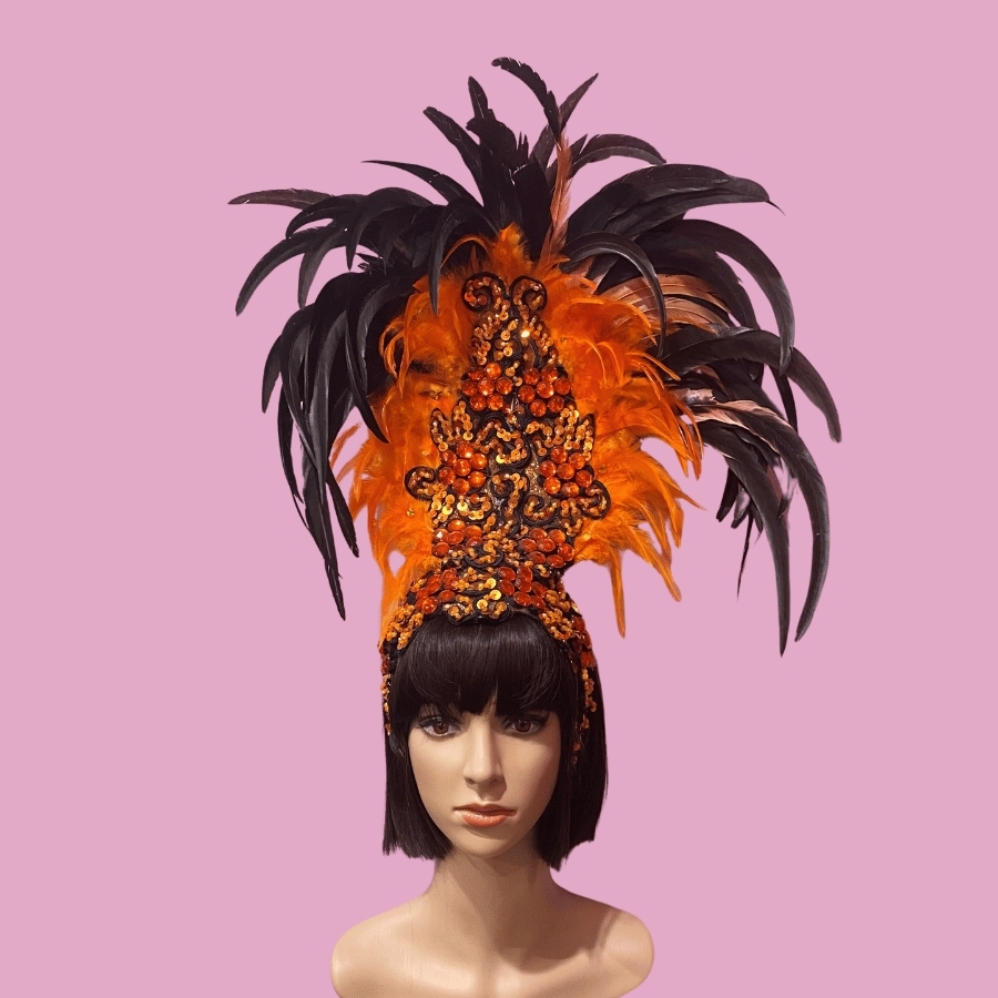 Orange Majestic Feathered Headpiece with Aurora Borealis Stones