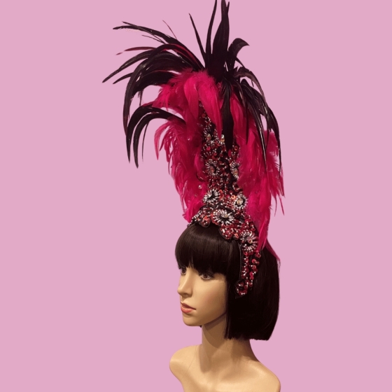 Hot Pink Majestic Feathered Headpiece with Aurora Borealis Stones