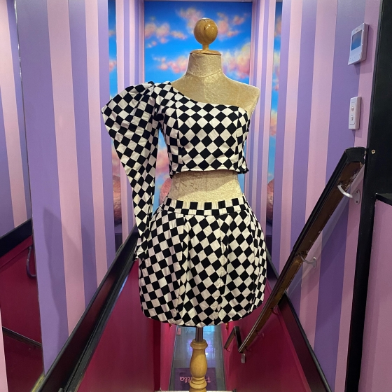 Lady Gaga Black-White Checkered Crop Top and Skirt