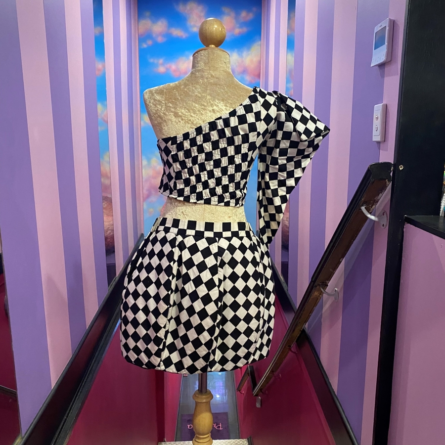 Lady Gaga Black-White Checkered Crop Top and Skirt