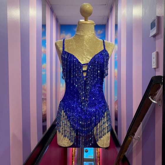 Royal Blue Showgirl Sequin Bodysuit with Beaded Fringe