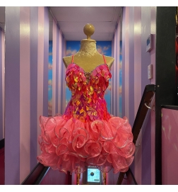 Light Pink Leaf Cut Sequin Americano Ruffle Dress