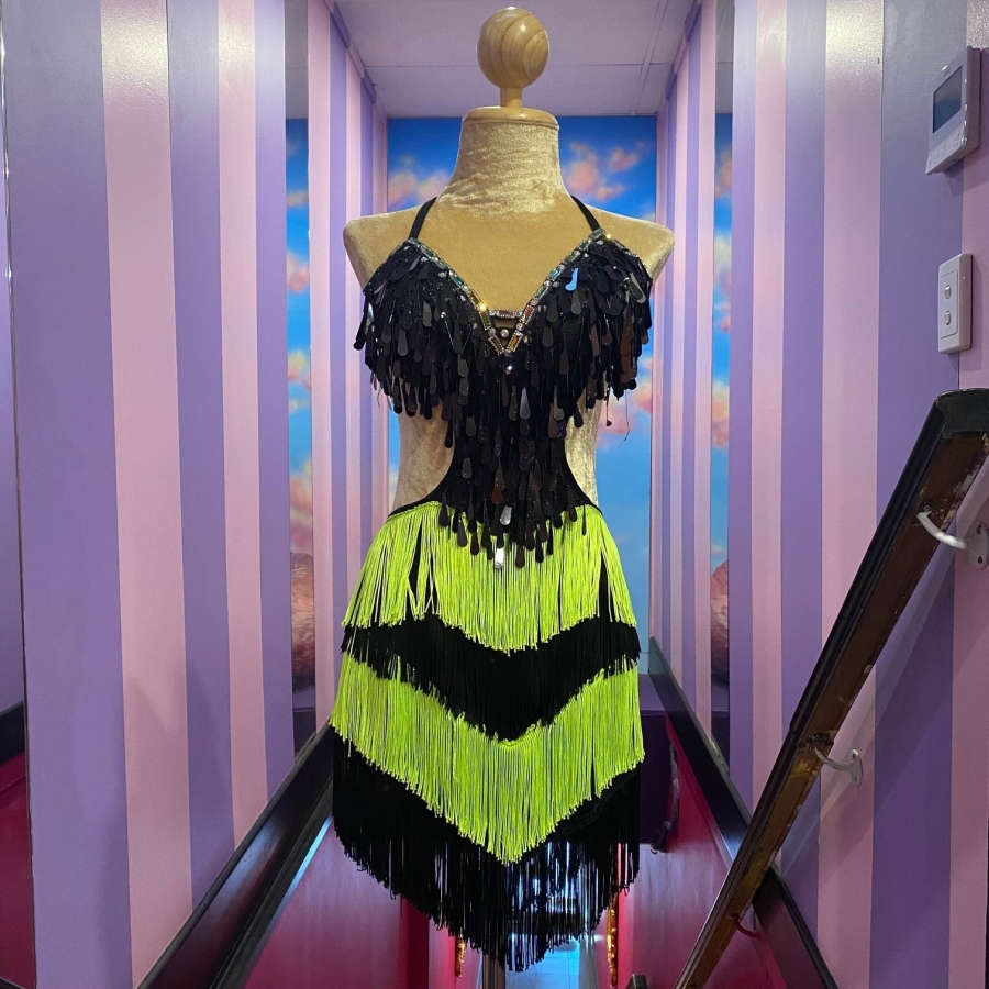 Lime Green & Black Teardrop Sequin Fringe Dress