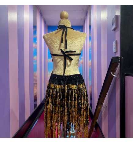 Hire-Black-Gold Low Back Dress with Fringing