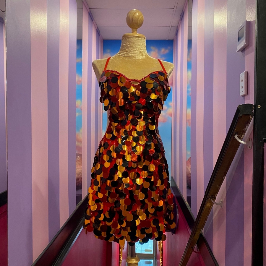 Red, Black & Orange Low Back Dress with Round Sequin