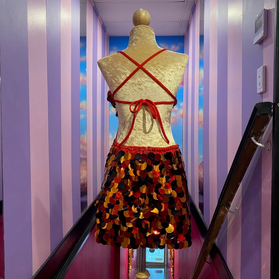 Red, Black & Orange Low Back Dress with Round Sequin