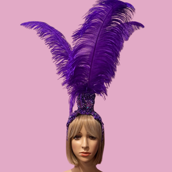 Purple Lace Fountain Feathered Headpiece with 3 Ostrich Feathers