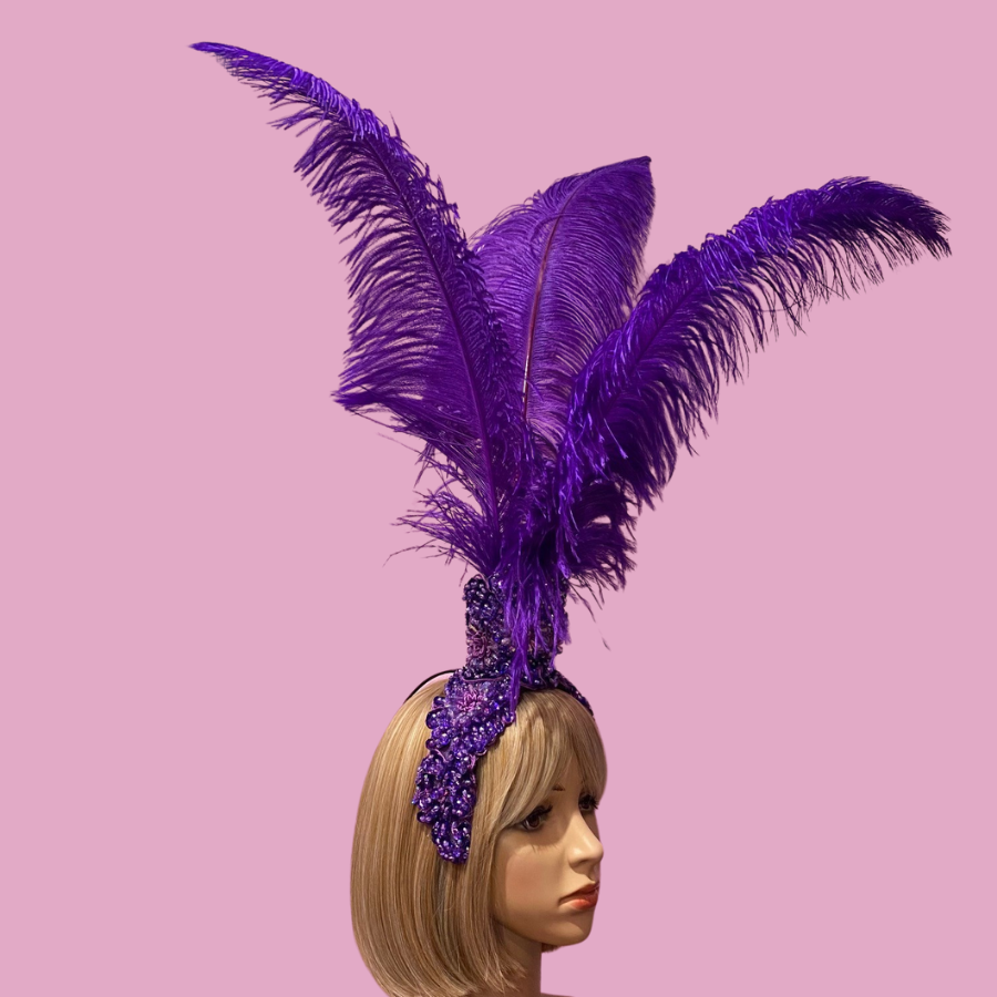 Dark Purple Hire-Lace Fountain Feathered Headpiece with 3 Ostrich Feathers