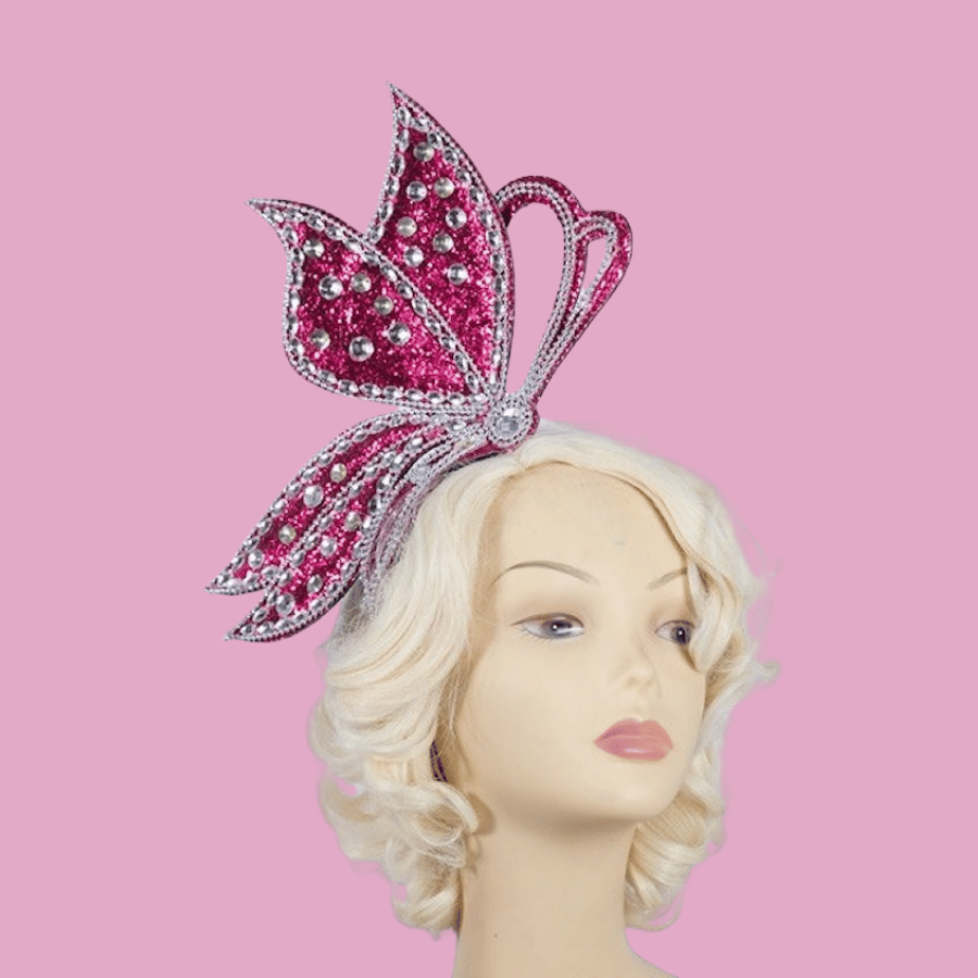 Hot Pink Glitter Half Butterfly Headband with Clear Crystal Stones