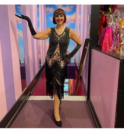 Black and Gold Deluxe Vintage Gatsby Stretch Fringe Dress