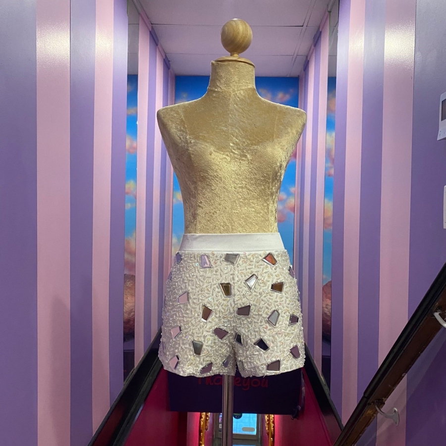 White-White High Waist Mirror Tile & Sequin Shorts