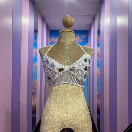 White-White Mirror Tile & Beaded Crop Top