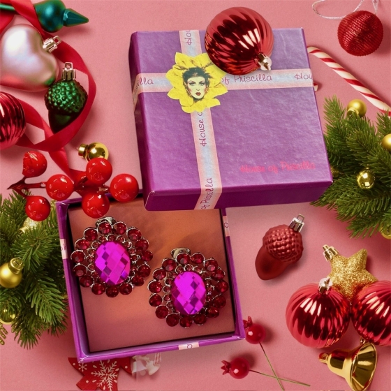 Hot Pink Crystal Button Diamante Earring in Xmas Gift Box