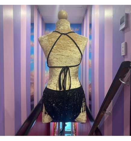 Black Showgirl Sequin Bodysuit with Beaded Fringe