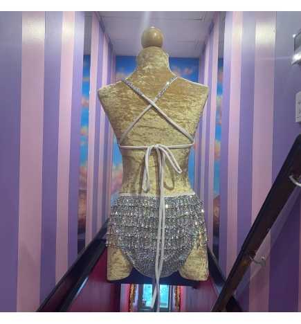 Silver Showgirl Sequin Bodysuit with Beaded Fringe