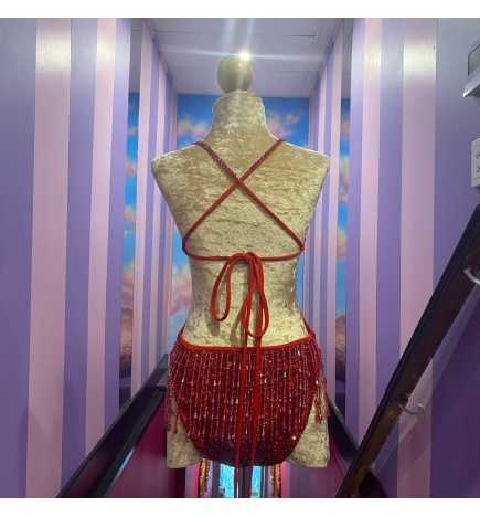 Red Showgirl Sequin Bodysuit with Beaded Fringe