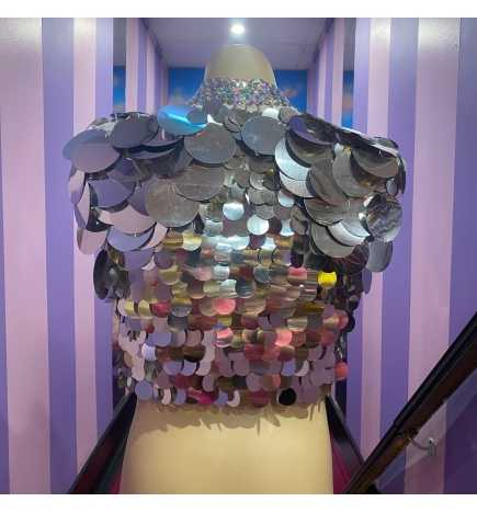 Silver on Black Coin Sequin Sleeveless Long Bolero Jacket