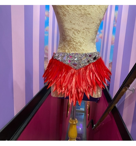 Red-Silver Feather Skirt with Mixed Sequin Trim