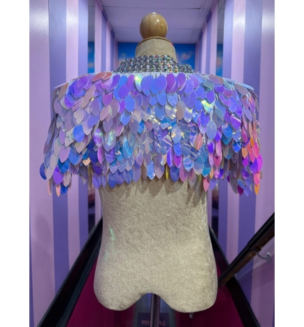 Iridescent Leaf Sequin Cropped Jacket with Bell Sleeve