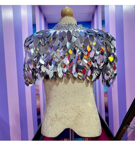 Silver Leaf Sequin Cropped Jacket with Bell Sleeve