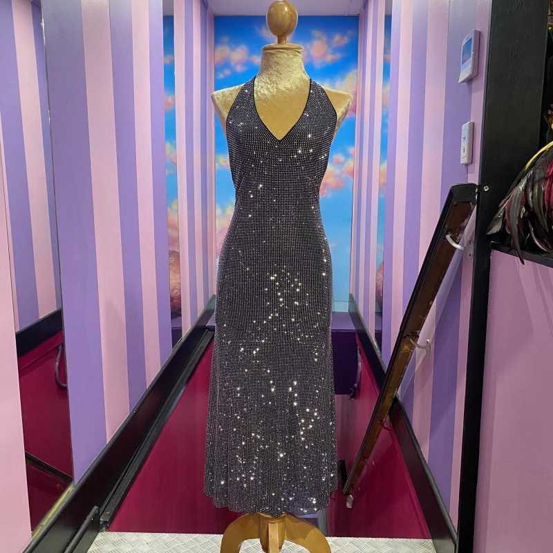 Black Crystal Eclipse Long Diamante Dress