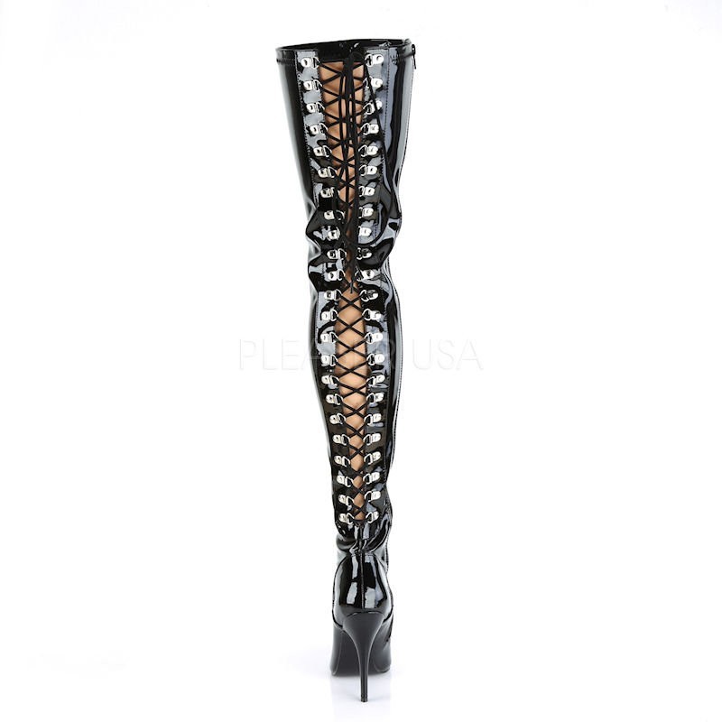 Pleaser Seduce 3063 Lace Up Stretch Thigh High Boot Black Patent
