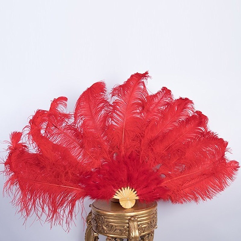 Red Bamboo Ostrich Feather Fan