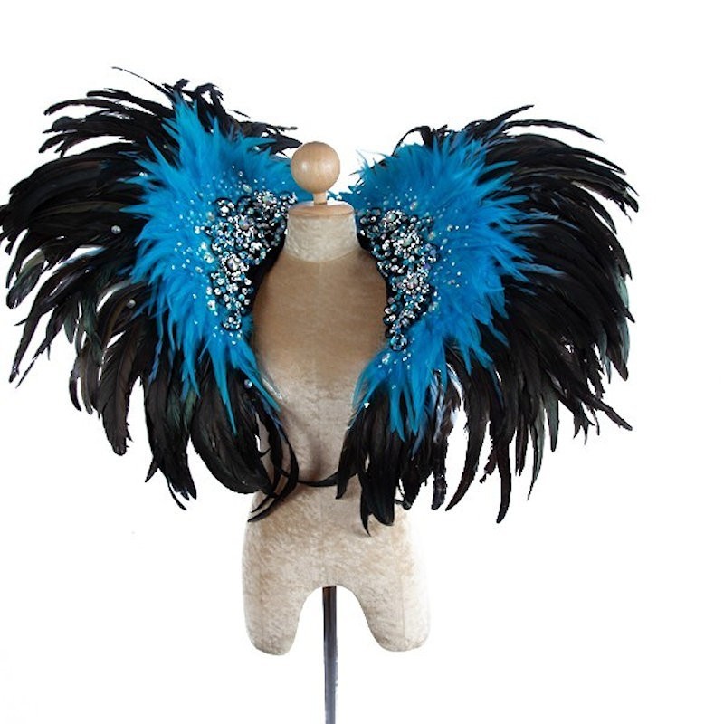Black and Aqua Blue Deluxe Feather Collar with Sequin Motifs