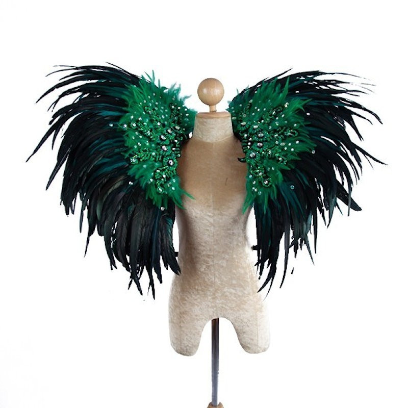 Black and Dark Green Deluxe Feather Collar with Sequin Motifs