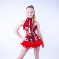 Red-Silver Ally Sequin Dress with Feather Trim Skirt