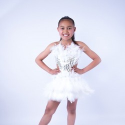 White Simone Sequin Feather Flower Leotard and Skirt Set